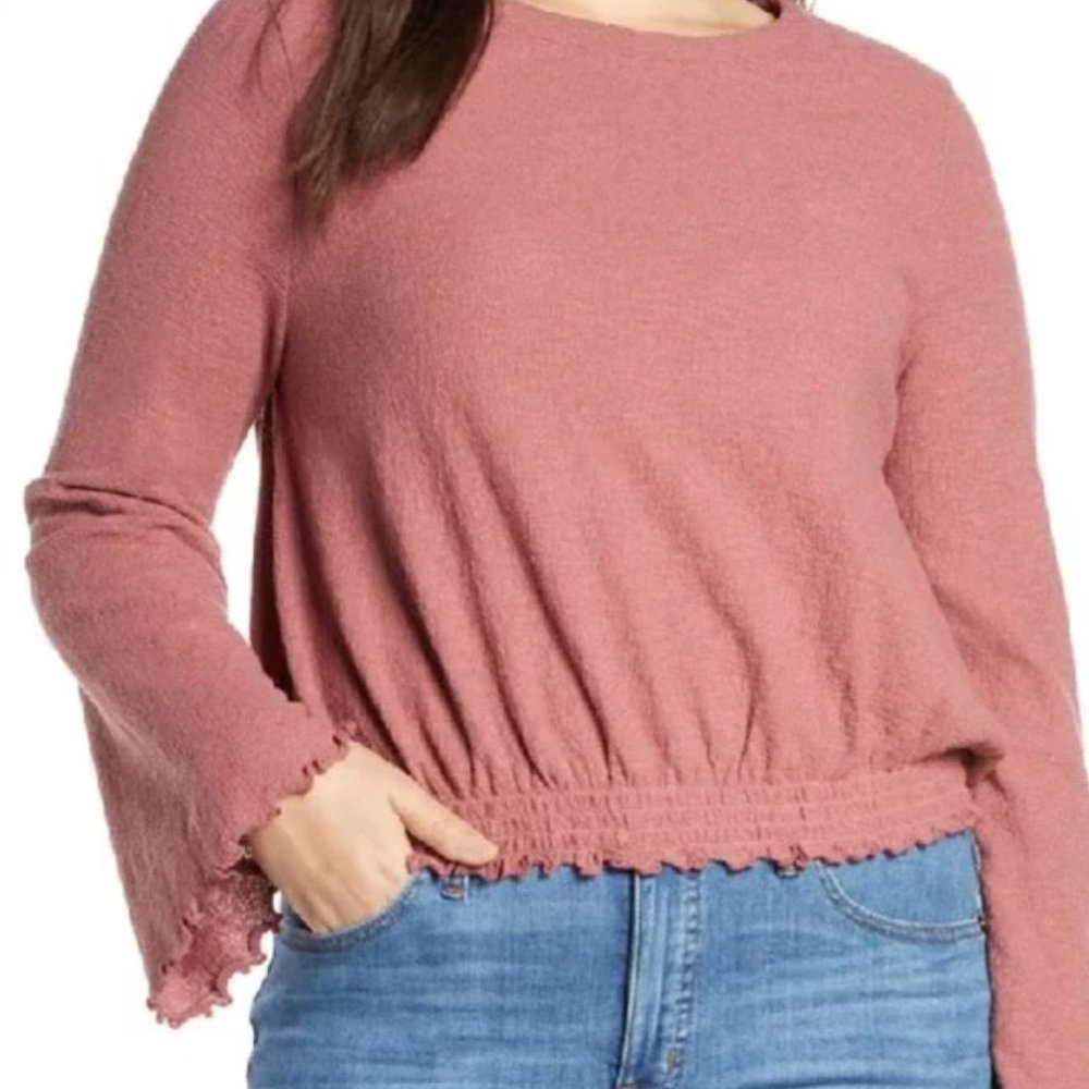 Madewell Textured & Thread Smocked Bell Sleeve Top in Dusty Pink - S
